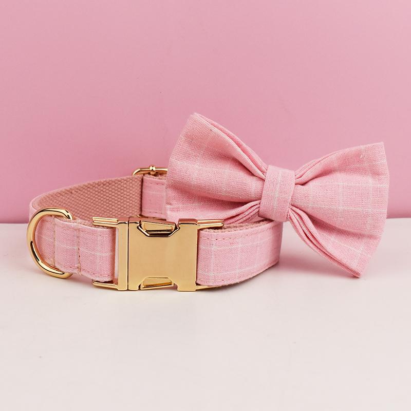 Light Pink Plaid Cotton Dog Collar And Leash Set XS-XL Free Custom Logo Puppy Cat Harness With Bowtie And Leads