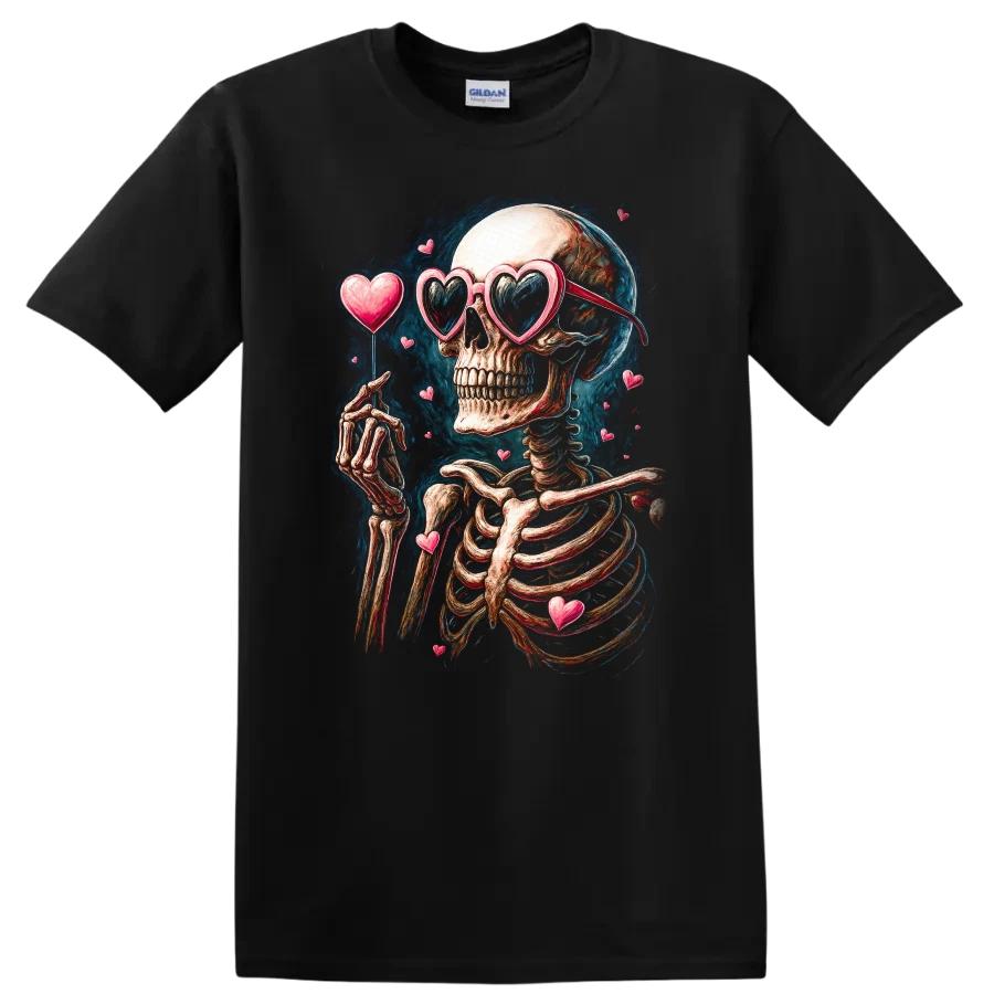 Skeleton Love Hearts Graphic T Shirt Funny Cute Valentine Tee Gift