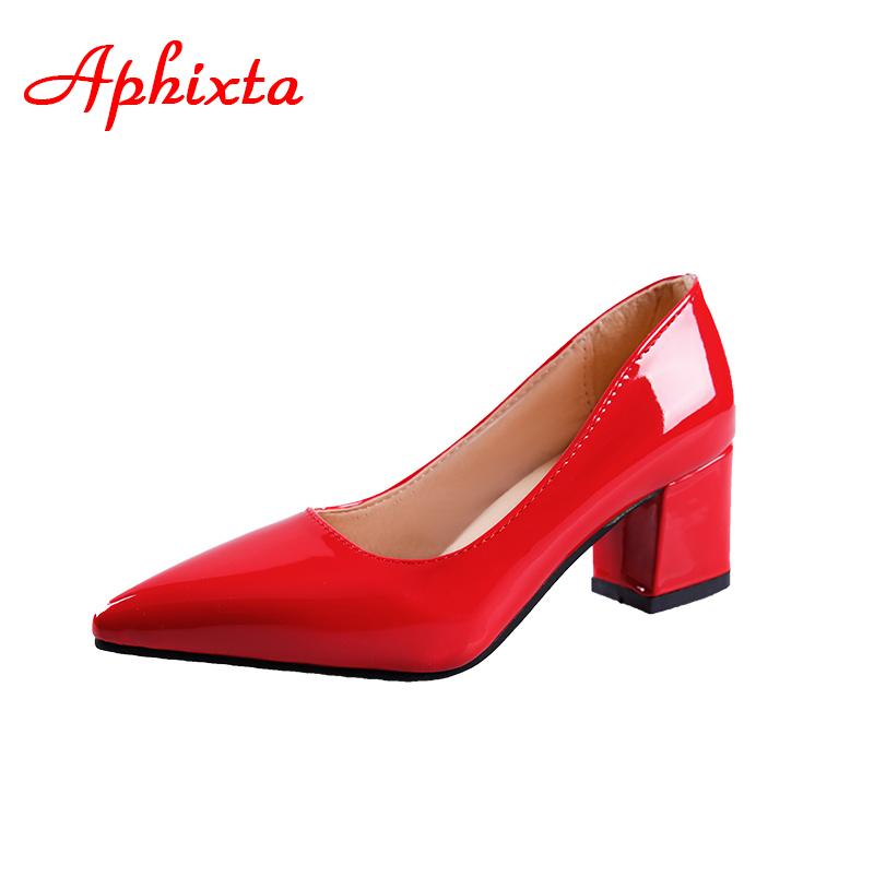Fashion Aphixta 5cm Square Heels Patent Leather Red Pumps Shoes Woman Classics Pointed Toe Dress Official Pumps Party Plus Size 49 50