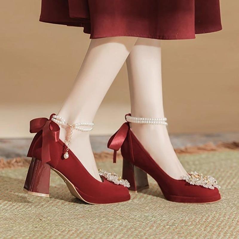 Fashion Women Fad High Heels Pearl Bow Strap Premium Suede High Heels Square Head Thick Heel Wedding Shoes High Quality Bridesmaid Shoes