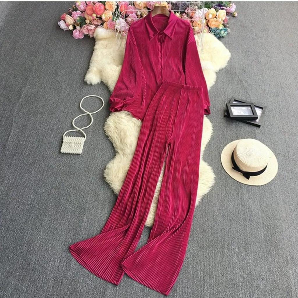 Осенний курортный стиль, рубашка с лацканами в стиле ретро и эластичной талией, широкие брюки, комплект из двух предметов, женский костюм