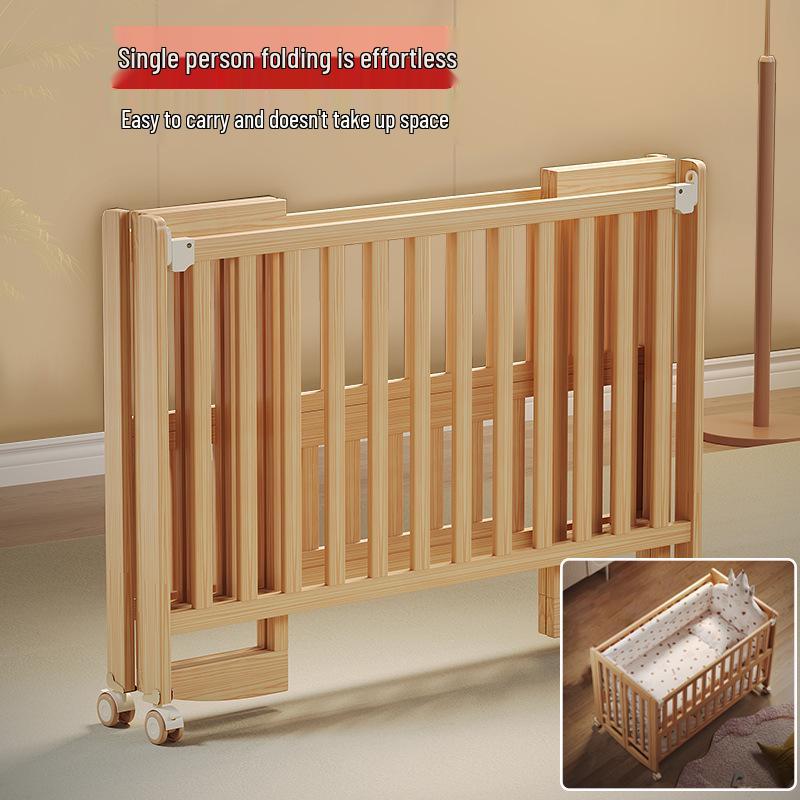 Movable Solid Wood Foldable Baby Crib, Unpainted, Multifunctional Newborn Bed