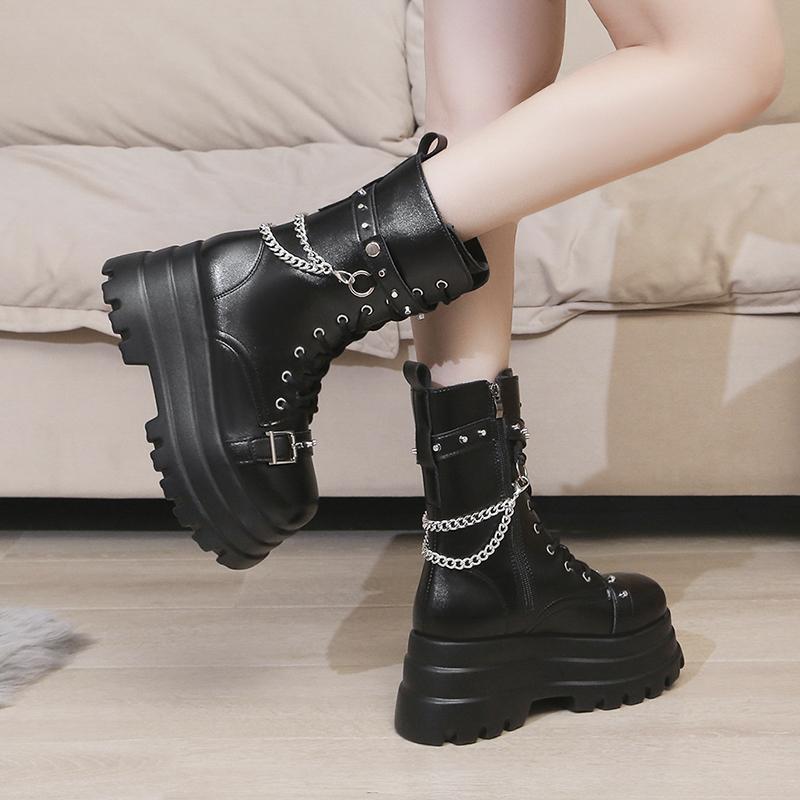 Модные женские ботильоны осень-зима модные заклепки толстый каблук челси ботинки для женщин черные туфли на платформе Aldies Botines Mujer