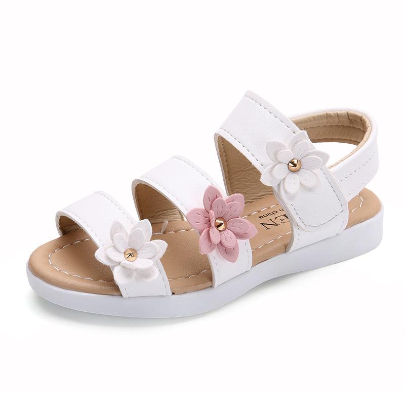 Летние пляжные сандалии на плоской подошве для девочек с ремешками и цветами, детская обувь для малышей