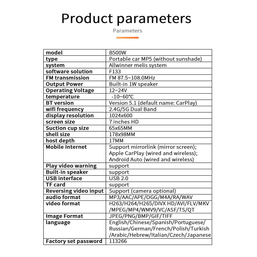 7-дюймовый портативный беспроводной Carplay Android авто радио автомобильный мультимедийный плеер 1080P IPS монитор сенсорный экран Mp5 радио Bluetooth B500W