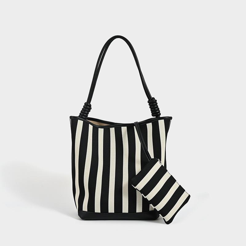 Women Tote Bag Striped SOFT Leather Casual Fashionable Simple Shoulder Bag Large Capacity Purses and Handbags Female Bucket Bags