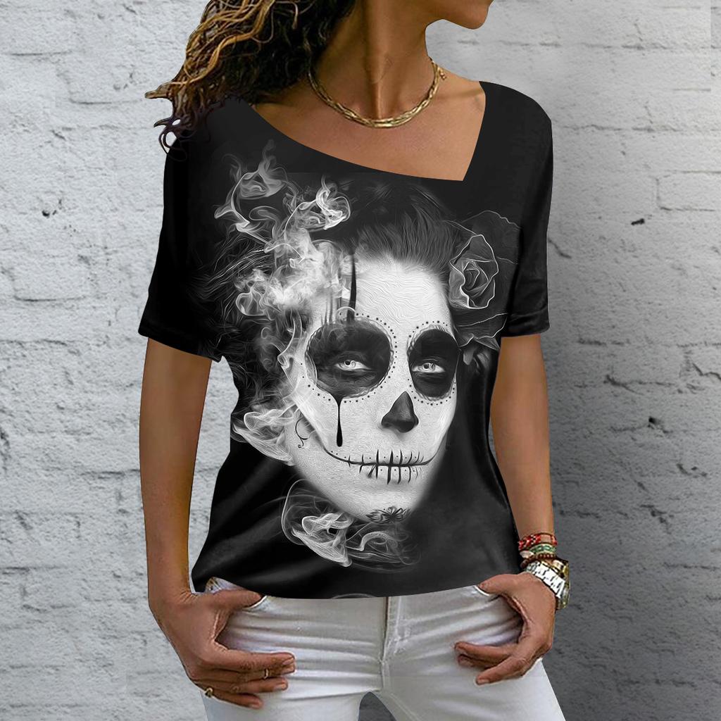 Лето 2023, винтажная женская футболка с изображением черепа, топы с v-образным вырезом, повседневный хлопковый пуловер с короткими рукавами, женская уличная одежда в стиле Харадзюку в стиле панк