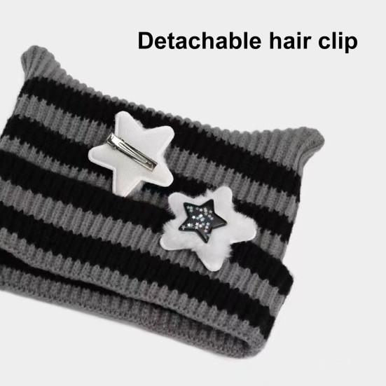 Зимняя вязаная шапка с дизайном кошачьих ушек, декором в виде плюшевого помпона и полосатым принтом, ветрозащитная, теплая, женская шапка, головной убор для холодной погоды