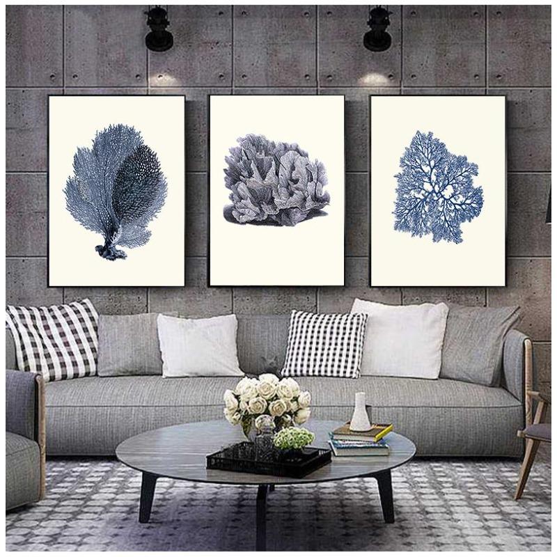Dark Blue Coral Art Prints, Antique Wall Decorations, Vintage Marine Corals, Wall Art Prints, Canvas Painting,