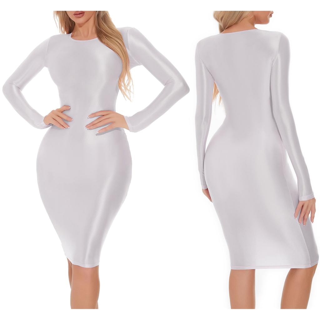 Women Oil-shiny Smooth Pencil Bodycon Dress Hip Wrap Miniskrt for Club Dating Disco Music Rave Party Costume Sexy Nightwear