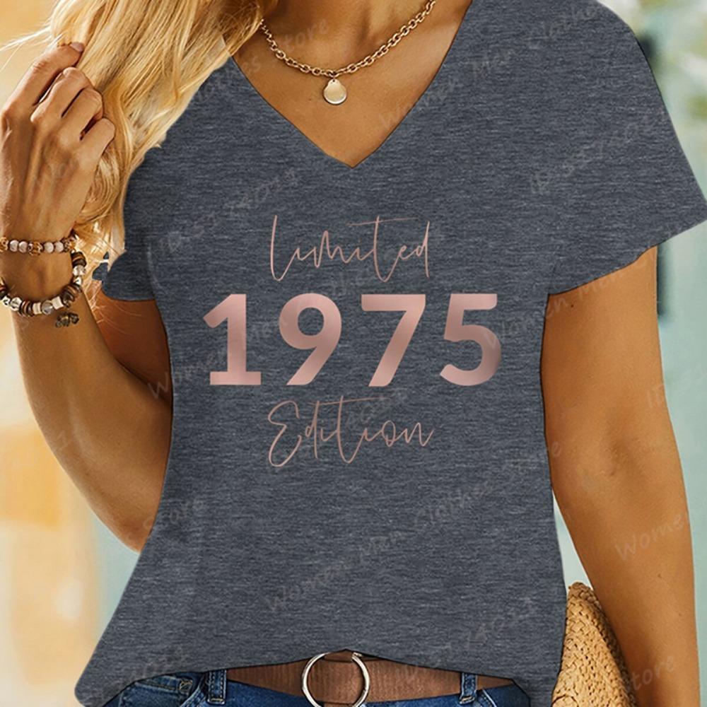 Vintage 1975 Limited Edition Print T-shirts For Women 70th Birthday Gifts Summer V-Neck Short Sleeve Tees Fashion Women T-shirts