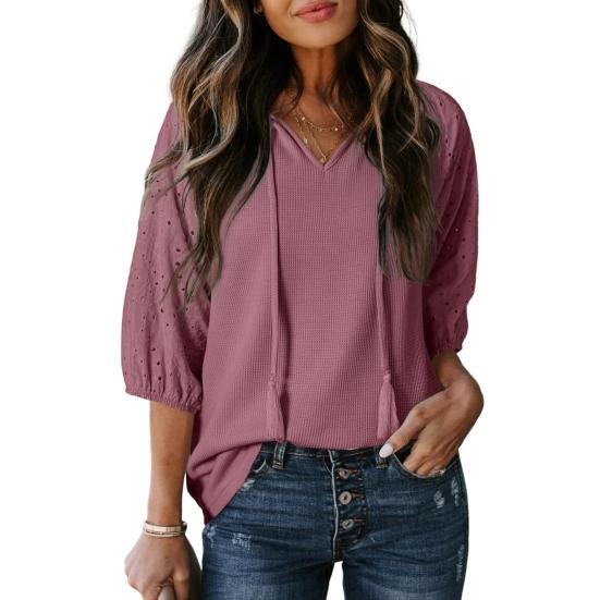 Женская футболка с V-образным вырезом, жаккардовым декором, рукавами 3/4, пуловер, однотонный, свободного кроя, для вечеринки и повседневной носки