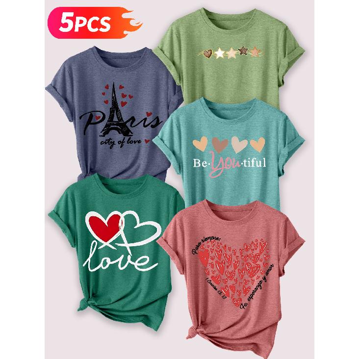 Follow a specific direction Five-piece set for women T Shirt Romantic Heart Paris Theme Print Summer Casual Elegant Women's Clothing Short Sleeve Top