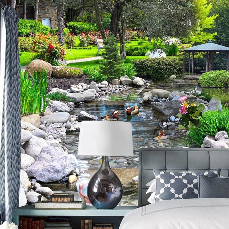 3d парк обои камень ручей карп пейзаж фреска гостиная спальня настенная роспись домашний декор