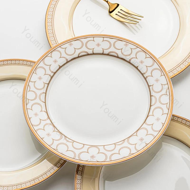 Золотая рамка Высококачественная обеденная тарелка Легкая роскошная креативная ресторанная керамическая тарелка для стейков Бытовая глубокая тарелка Суповая миска Столовая посуда