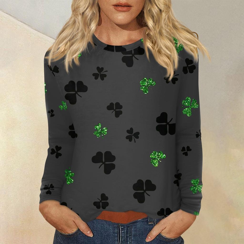 Женская повседневная повседневная рубашка с длинным рукавом. Топ с круглым вырезом и принтом ко Дню Святого Патрика