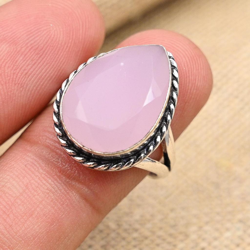 Ювелирное кольцо из стерлингового серебра 925 пробы с розовым халцедоном ручной работы на День Благодарения