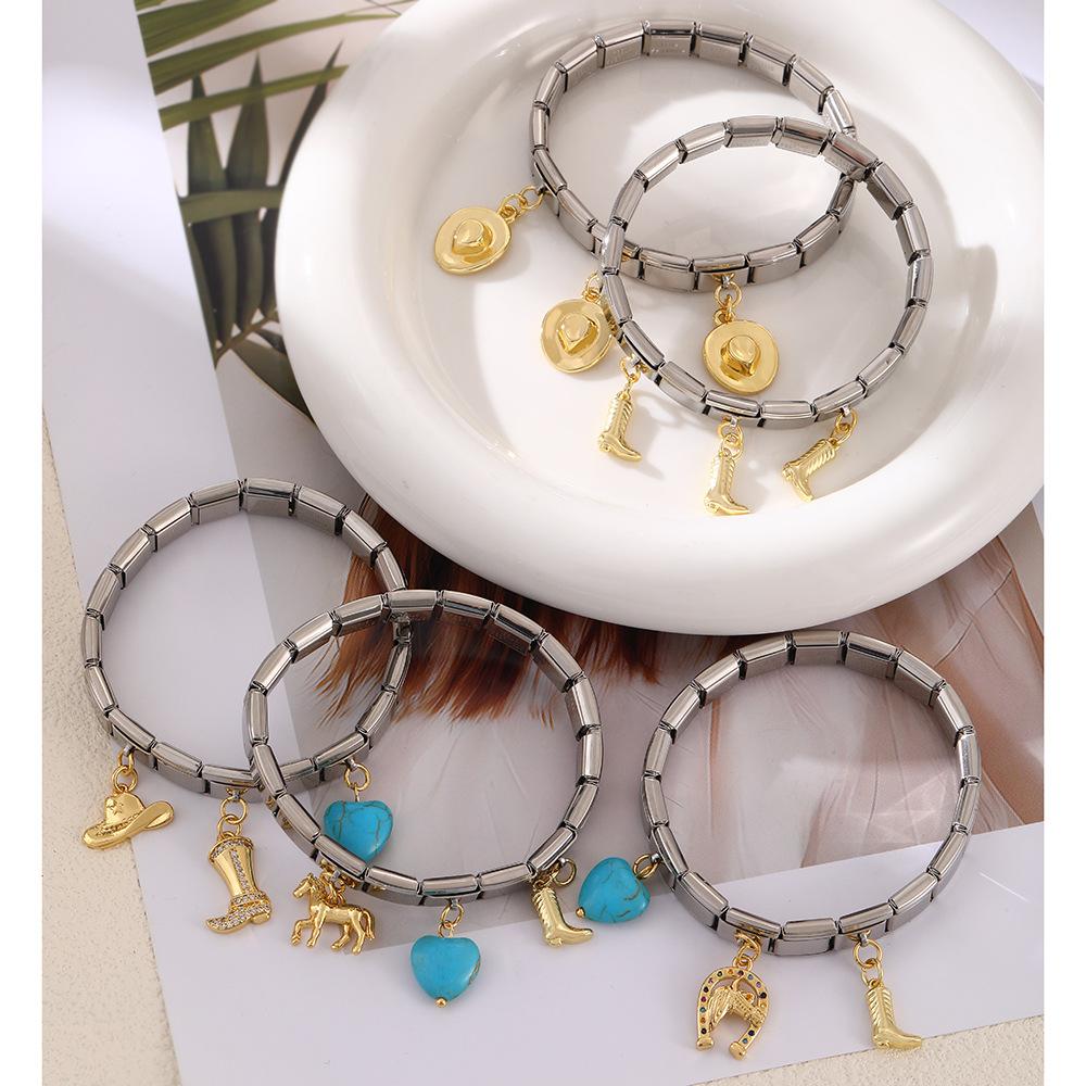 Trendy Hip Hop Western Cowboy Series Modular Charm Bracelet Interchangeable Horse Boot Heart Charms Assembled Stretch Made China