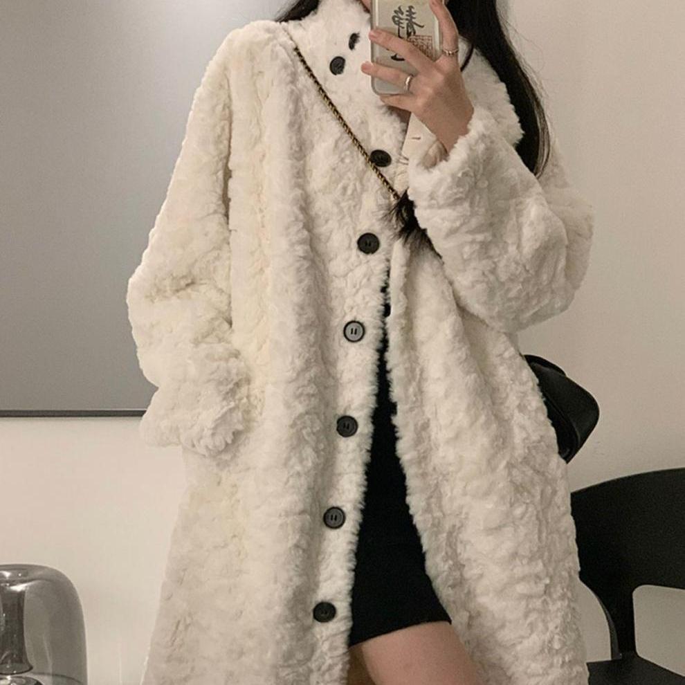 Пальто из овечьей шерсти, женское длинное пальто длиной до колена, теплое пальто, искусственный мех кролика, кожа, толстый и свободный воротник-стойка, зимнее хлопковое пальто