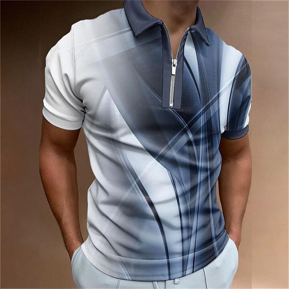 Men's Colorful Striped Printed T-shirt, Zipper, Men's Casual Top, Golf Clothing, Simple and Fashionable Polo, Summer