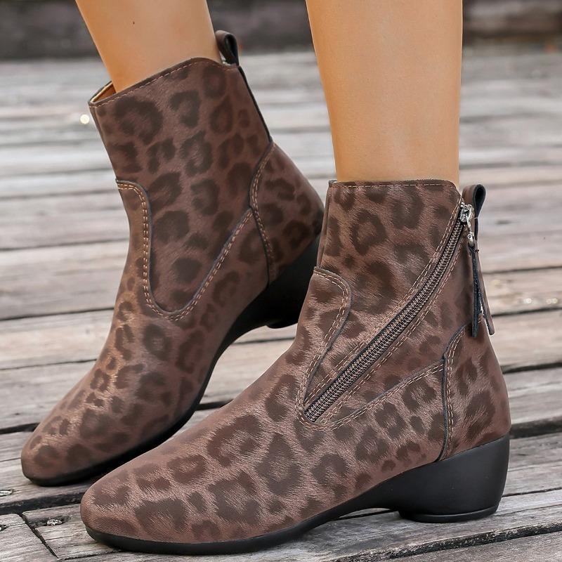 Fashion Leopard Print Kitten Heel Autumn New Round Toe Side Zip Soft Sole Non-slip Wear-resistant Short-thigh Boots