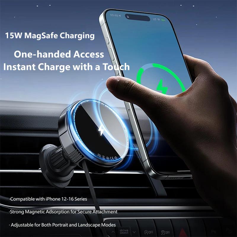 Magnetic Car Wireless Charger Vent Mount for iPhone, Retractable Cable Fast Charging 15W MagSafe Compatible Phone Holder with Strong Magnet