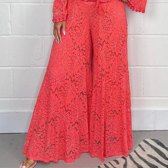 2 шт./компл. Женский комплект топ и брюки с ажурной отделкой, с открытыми плечами, свободный, длинный