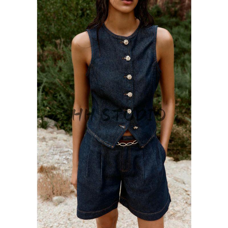 Round Neck Sleeveless Gold Button Decoration Denim Vest 6164109 Denim Pleated Belt Shorts 6164112