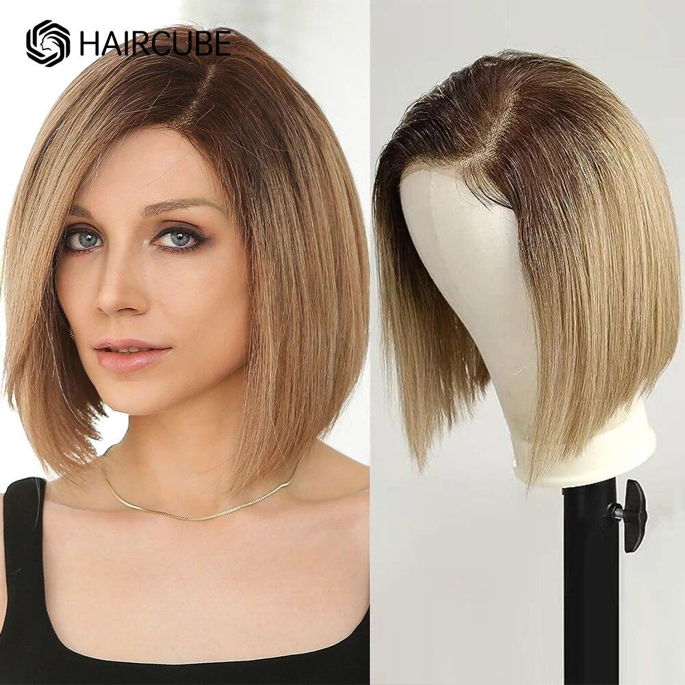 HAIRCUBE Парики из человеческих волос Коричневый Блондин Боб Боб Парики из натуральных волос Предварительно выщипанные блондинки Золотые HD Парики из натуральных волос на кружеве Короткие прямые парики из человеческих волос Remy