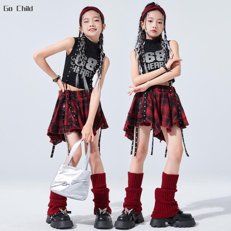 Kids Hip Hop Crop Top Plaid Street Dance Skirt Girls Ribbon Pleated Skirts Teens Jazz Cool Costumes Child Streetwear Clothes Set