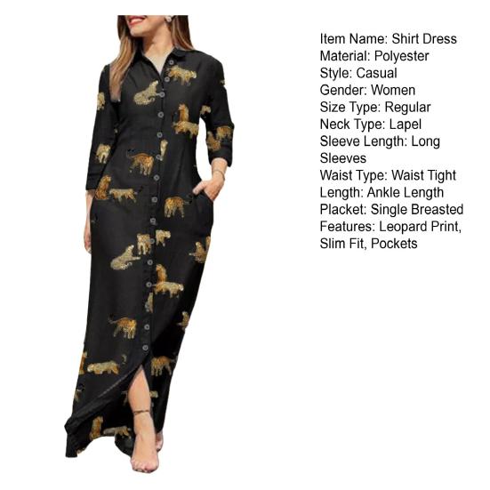 Lady Dress Dress Lapel Long Sleeve Pocket Plus Size Single Breasted Maxi Dress Sexy Leopard Geometric Patchwork Print Dress