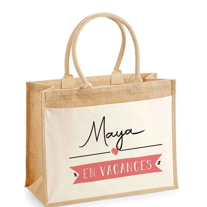 Sac de plage - PLANETEE - Jute avec poche Maya en Vacances - Coton naturel - 43x33 cm - Anses solides
