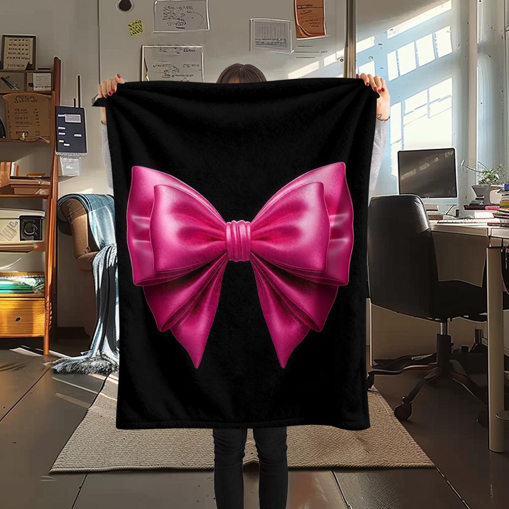 1Pc Pink Bow Print Flannel Blanket, High quality Comfortable for All Seasons, Home Decor, Warmth and Comfort, Perfect for Christmas Gifts W29
