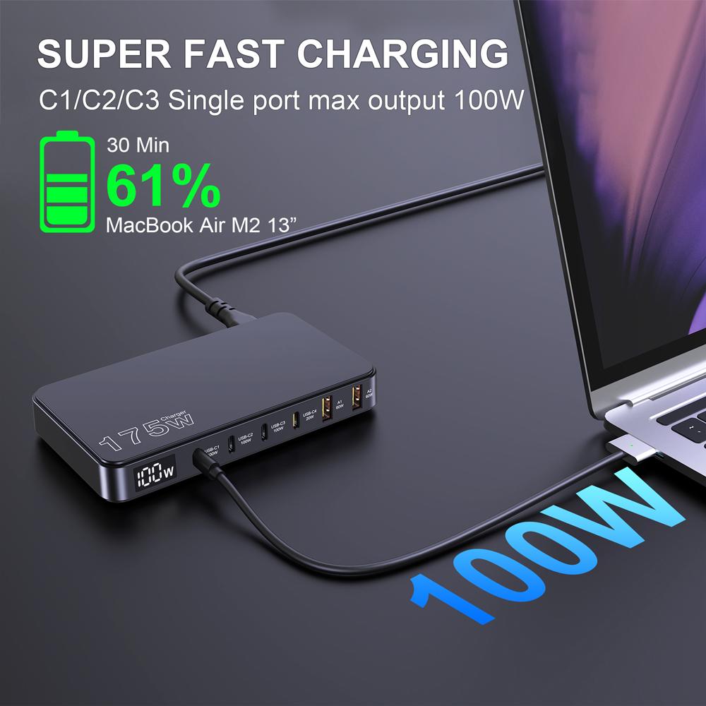 Ueetop 175W GaN USB C зарядное устройство светодиодный дисплей 6-портовое настольное зарядное устройство Type C PD 100W PPS 45W быстрая зарядка для MacBook Samsung iPhone