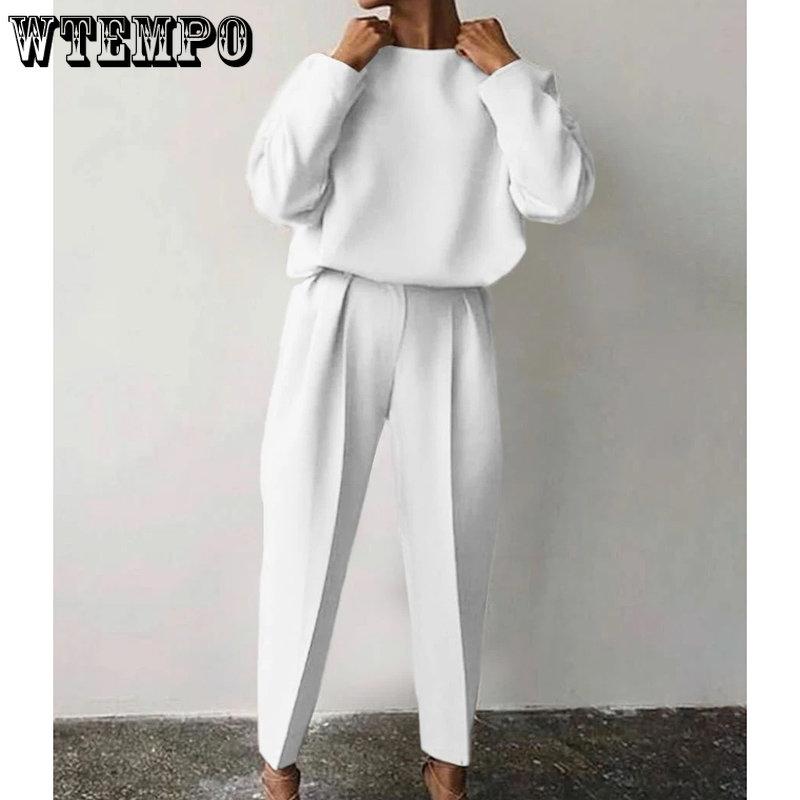 Женский элегантный однотонный комплект из 2 предметов, повседневный пуловер с круглым вырезом, топы, длинные брюки, костюм, женская мода, свободная одежда, уличная одежда