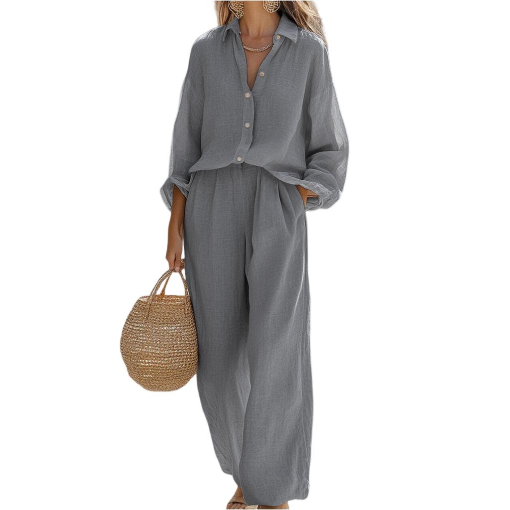 Женский модный комплект из двух предметов: однотонная рубашка с длинным рукавом и брюки. Повседневный набор