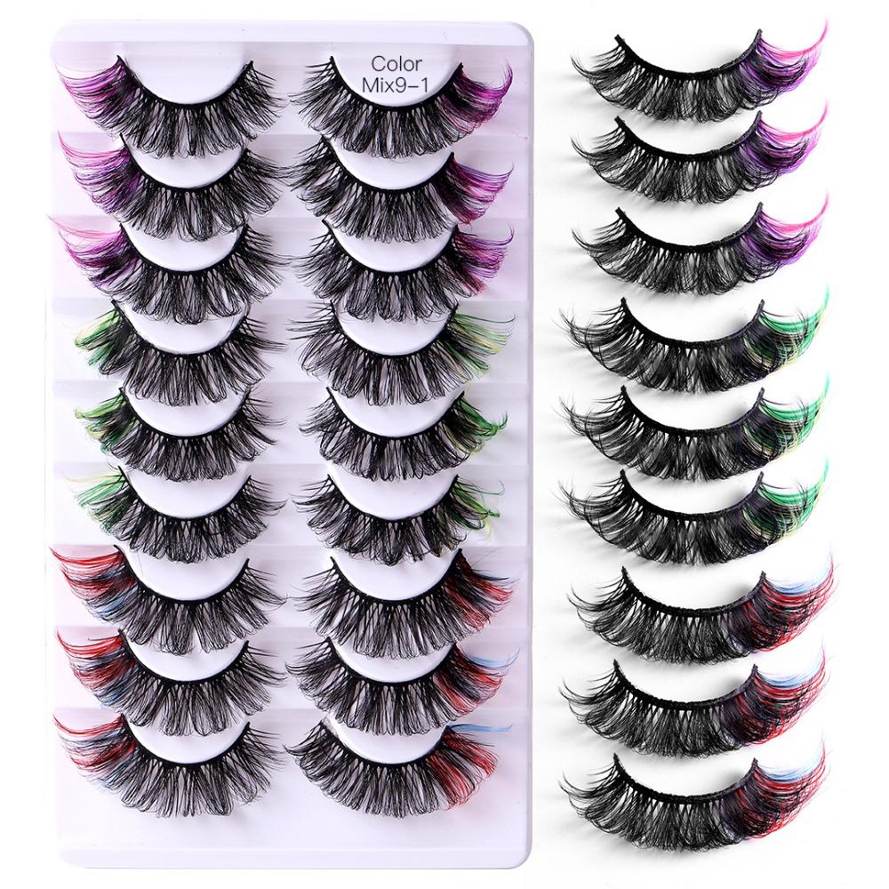 9 Pairs D Curl Colored Eyelashes Russian Long Thick Volume Fake Eye Lash Faux Mink Lashes Party