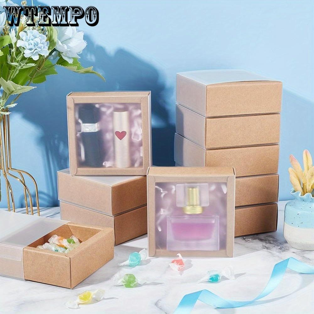 10sets Kraft Paper Gift Boxes Square Brown Drawer Boxes with PVC Windows Cover for Party Favor Treats Bakery Jewelry Proposal Gift Packaging