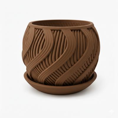 Brown Wavy Flowerpot with a Modern Decorative Saucer