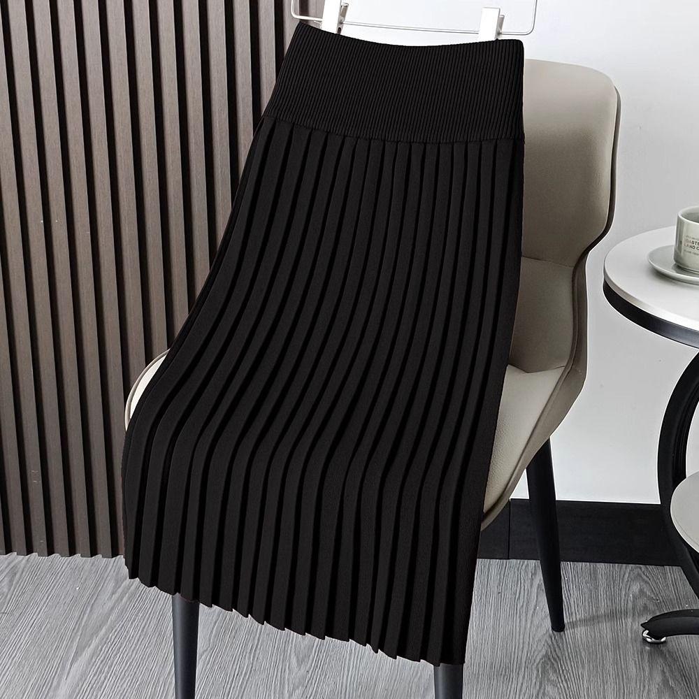 Осенне-зимняя трикотажная плиссированная юбка Черная шерстяная юбка с высокой талией Юбка А-силуэта средней длины