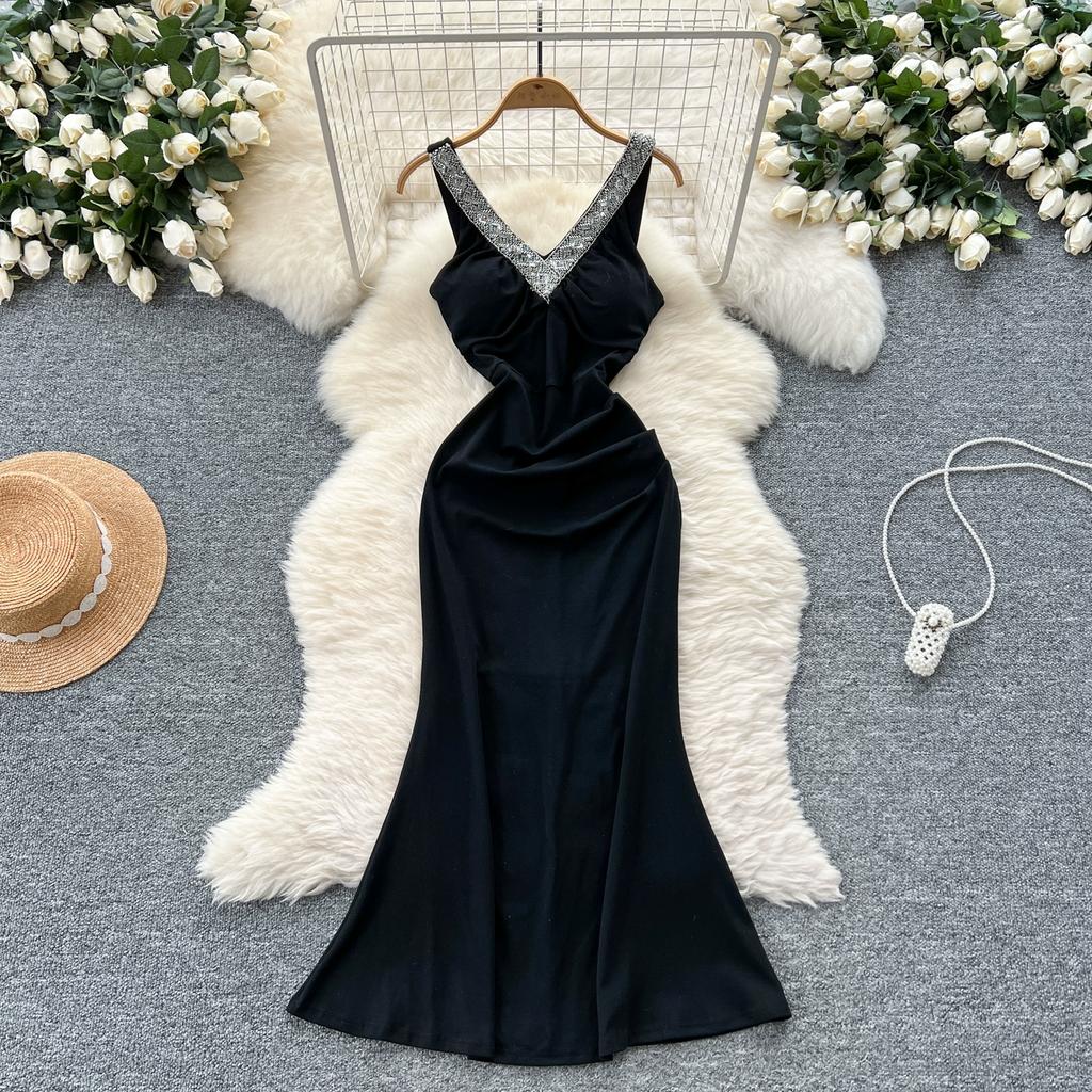 Летние женские V-образный вырез без рукавов бисерные однотонные вечерние платья-русалка с длинным миди-платьем