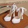 Waterproof Platform Mid Hollow White Wedding Shoes 13cm Party Dress Ladies Pumps Pearl Chain Square Toe Thick Heel High Heels