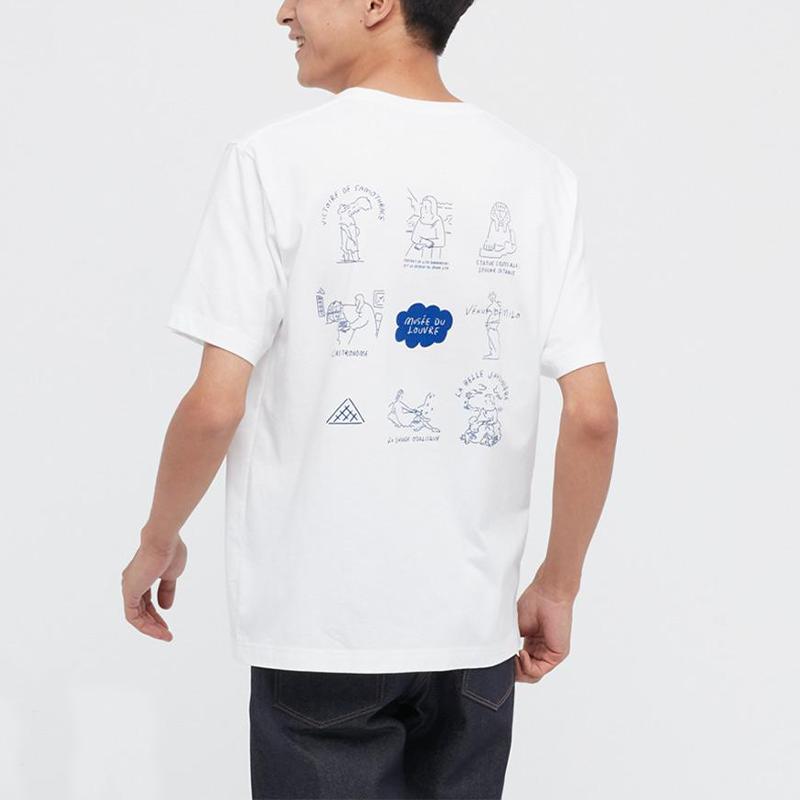 Uniqlo Хлопковая футболка с логотипом Лувра, круглый вырез, унисекс, белая 445596-00