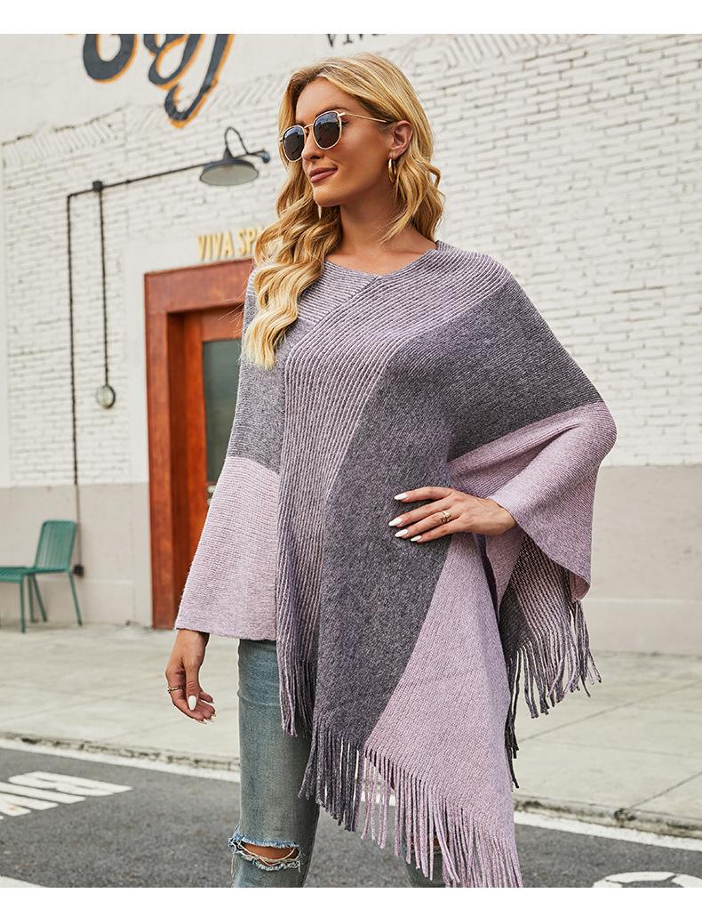 Женский осенне-зимний свитер с v-образным вырезом, плащ с цветными блоками и бахромой, свитер, пальто