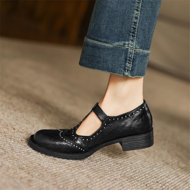 Модная новая весенне-летняя обувь Мэри Джейн, туфли из натуральной кожи для женщин, модные туфли-лодочки с заклепками и ремешком с пряжкой, с круглым носком и массивными каблуками