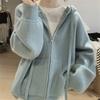 Осень Зима Однотонный Вязаный Худи на Молнии Женский Свободный Повседневный Универсальный Кардиган Толстовка с Капюшоном Женская