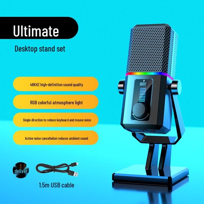 RGB Микрофон со шумоподавлением для игр, стриминга, конференций и онлайн-занятий - Черный настольный микрофон