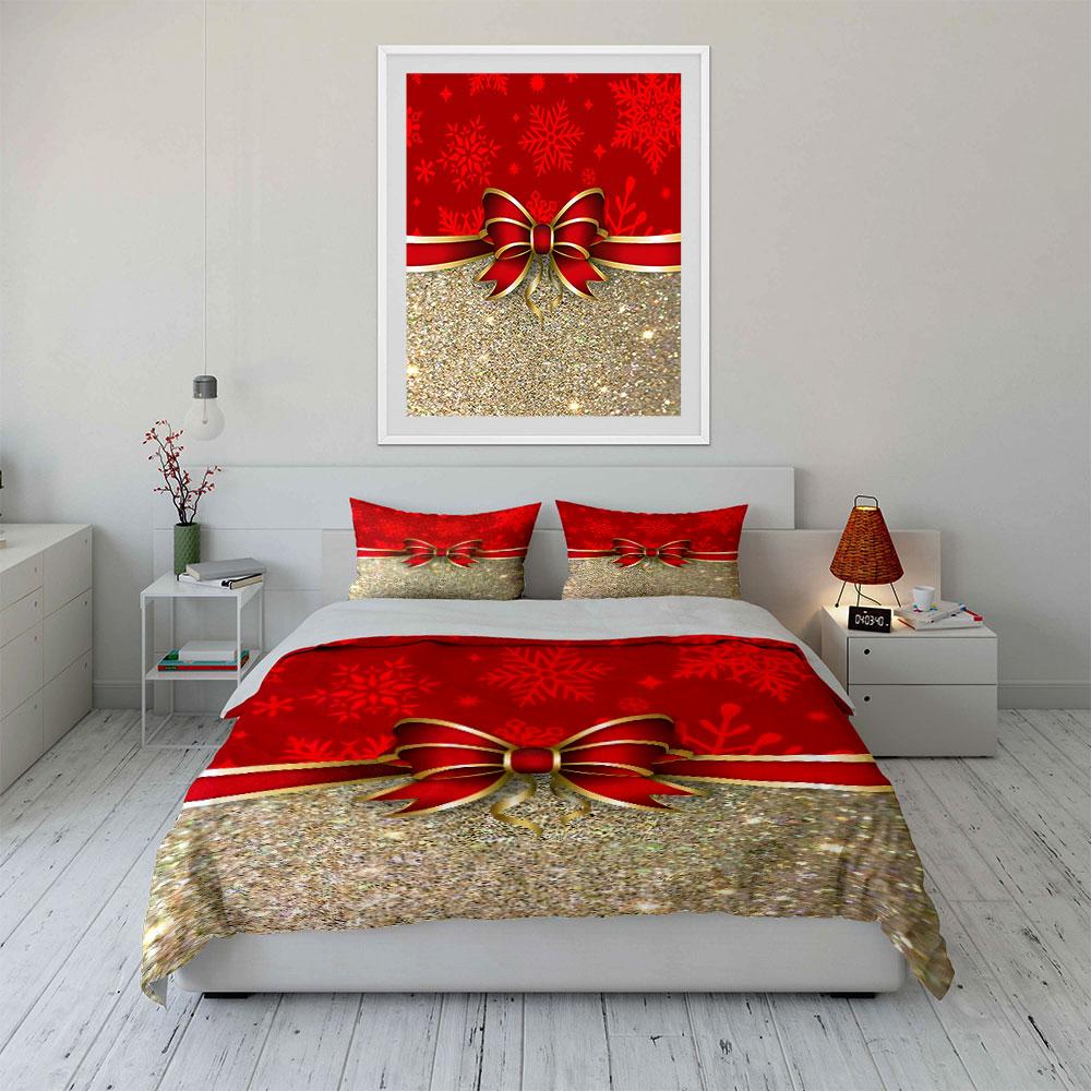 Red Bow with Snowflake Design Bedding Duvet Cover Set Duvet Cover Pillowcases (1*Duvet Cover 2*Pillowcases, without duvet insert)