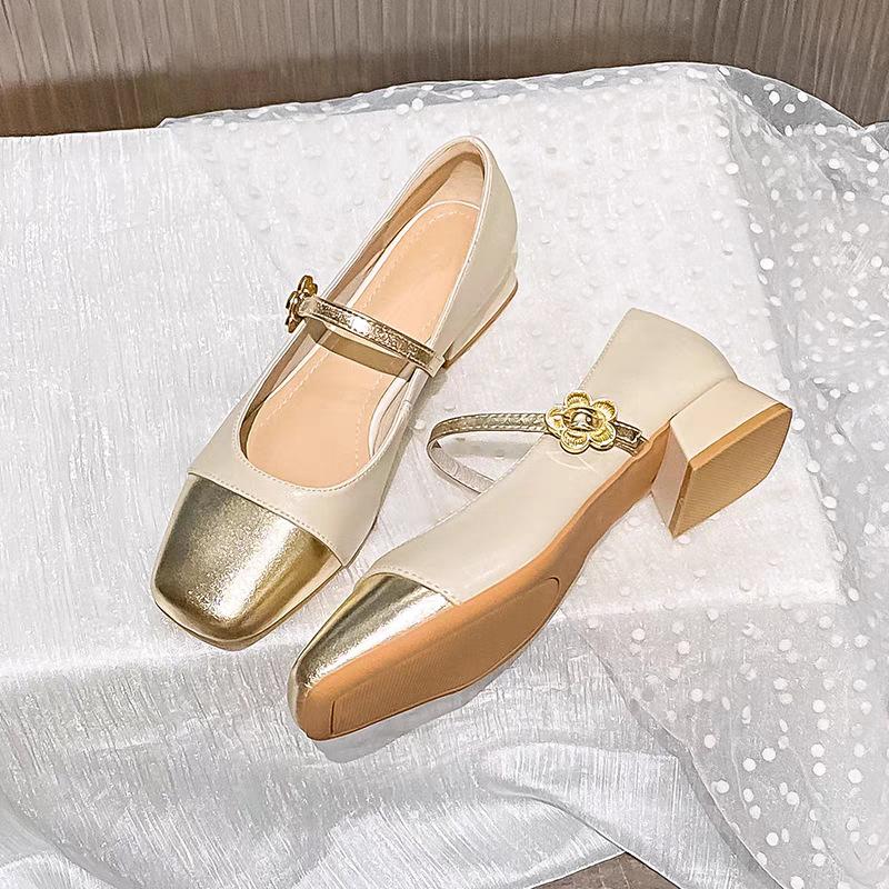 Luxury Branded Women Mary Jane Shoes Square Toe Chunky 3CM High Heels Pumps Light Shallow Buckle Strap Casual Flats Shoes Spring