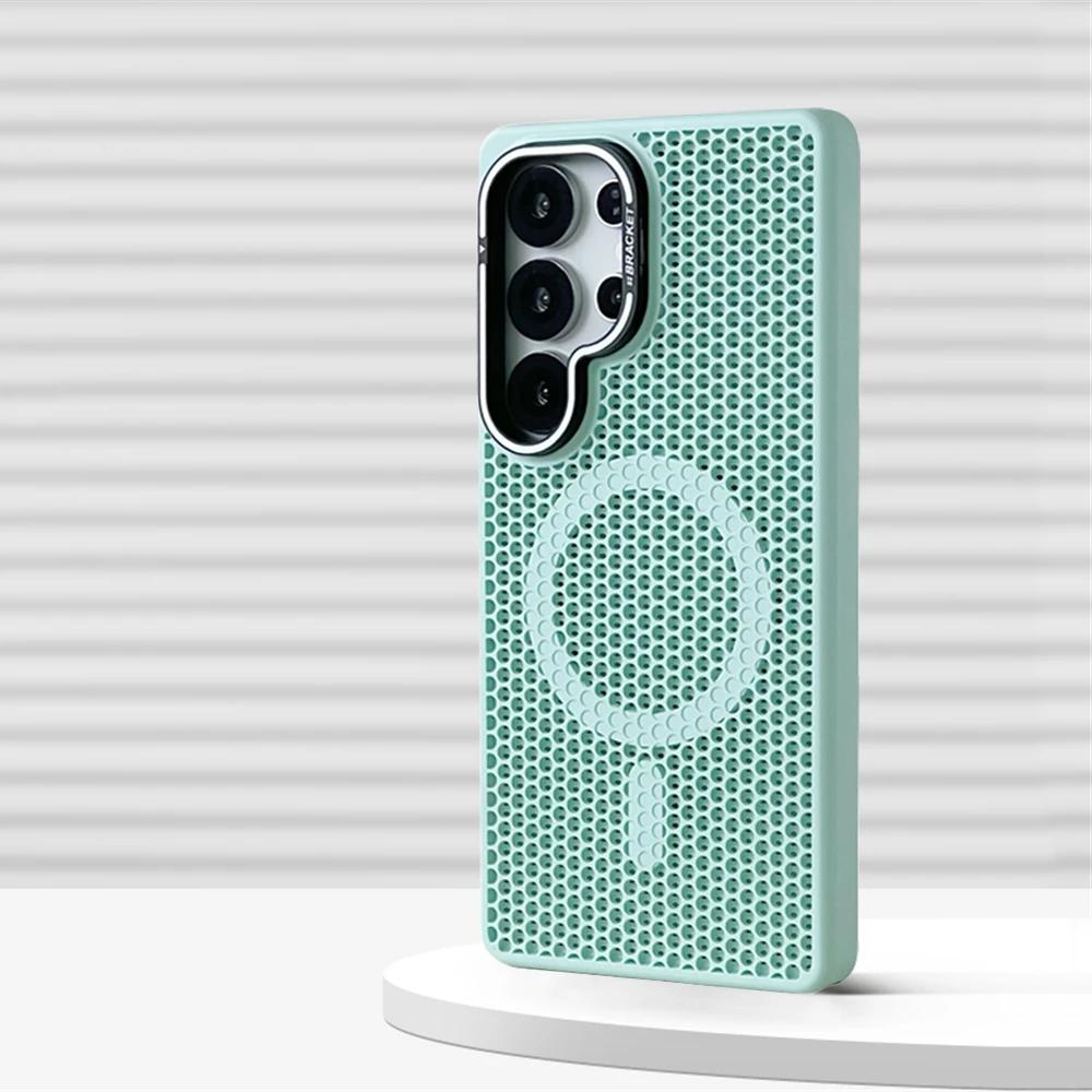 Магнитный бампер с сотовой сеткой для охлаждения для Samsung Galaxy S2 Ultra S24 S23 Plus, кронштейн для объектива из сплава, крышка для беспроводной зарядки